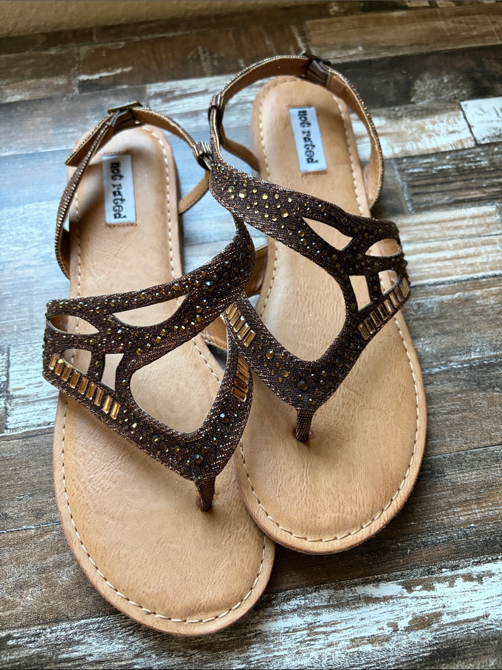 Not Rated Brown Glitter Strap Toe-Post Sandals with Metallic Accents